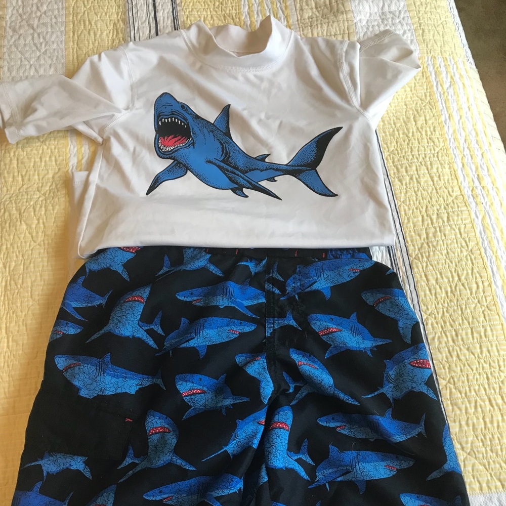 Boys shark swim trunks and rash guard